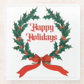 Prettige feestdagen  Holly Kerstkrans Glazen Onderzetter (Voorkant)