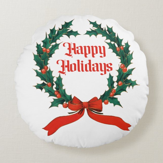 Prettige feestdagen  Holly Kerstkrans Rond Kussen (Voorkant)