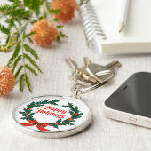 Prettige feestdagen  Holly Kerstkrans Sleutelhanger (Zijkant)