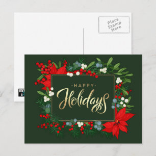 prettige feestdagen. Holly, Mistletoe en Poinsetti Feestdagenkaart