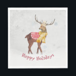 prettige feestdagen in sneeuw servet<br><div class="desc">Grote buck hert in sneeuwvlokken met wintersjaal en rode Prettige feestdagen op de zilveren sneeuwvlokachtergrond. De tekst kan worden bewerkt.</div>