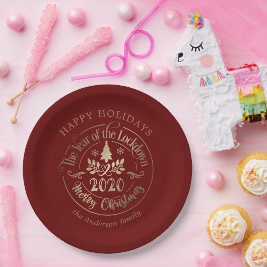 prettige feestdagen jaar goud vergrendeld rood papieren bordje (Feest)