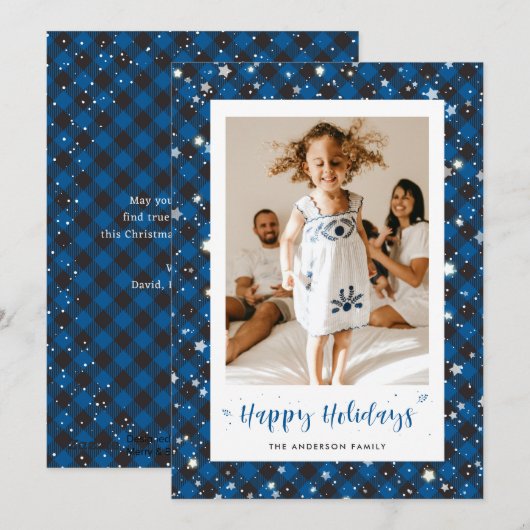 Prettige feestdagen Kaart Blauwe Plaid foto (Voorkant / Achterkant)