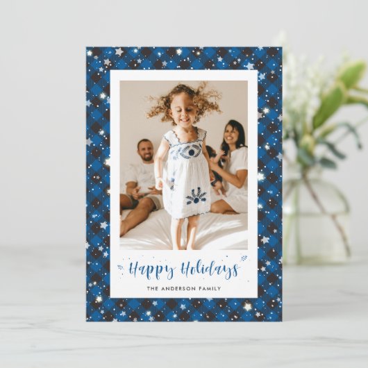 Prettige feestdagen Kaart Blauwe Plaid foto (Staand voorkant)