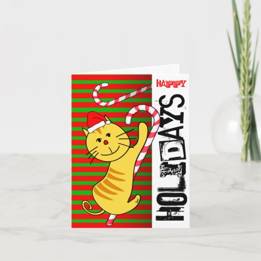 Prettige feestdagen Kaart kat op snoepriet (Voorkant)