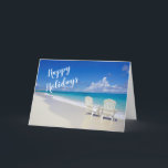 Prettige feestdagen Kaart Zonnig strand met 2 stoe<br><div class="desc">Warme kerstwensen vanaf het strand! Een prachtig zonnig strand met oceaangolven die langs het zand neerstorten. Er zijn 2 hoge rug witte strandstoelen met uitzicht op de oceaan. Prettige feestdagen Aan de voorzijde staat: "O". Bekijk de vele design & stijlen in onze winkel.</div>