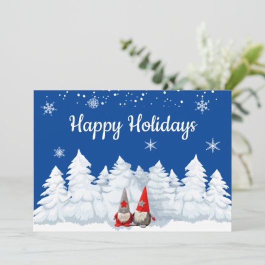 Prettige Feestdagen Kabouters Besneeuwde Bomen Ker Feestdagenkaart (Staand voorkant)