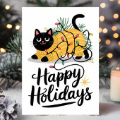 Prettige feestdagen Kat gewikkeld in kerstverlicht