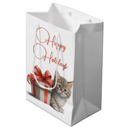 prettige feestdagen Kat met cadeau Medium Cadeauzakje