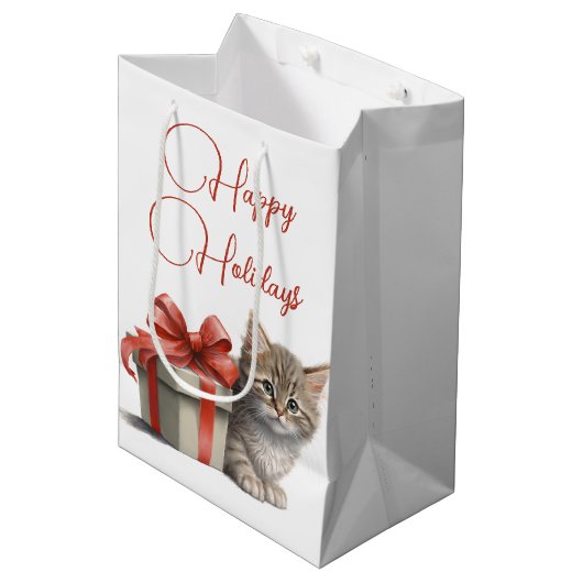 prettige feestdagen Kat met cadeau Medium Cadeauzakje (Voorkant Gekanteld)