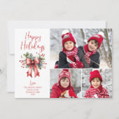 Prettige feestdagen Kerst? 3 foto's Red Bow Script Feestdagenkaart (Voorkant)
