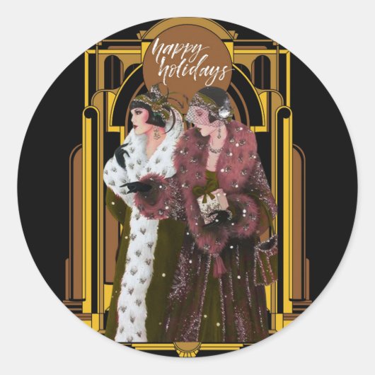 Prettige feestdagen Kerst - Art Deco Retro Dames Ronde Sticker (Voorkant)