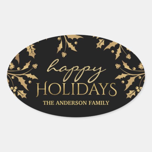Prettige feestdagen Kerst Goud Holly Faux Folie Ovale Sticker (Voorkant)