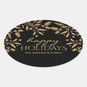 Prettige feestdagen Kerst Goud Holly Faux Folie Ovale Sticker