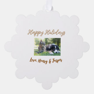 prettige feestdagen kerst huisdier hond kat foto n ornament kaart
