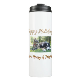 prettige feestdagen kerst huisdier hond kat foto n thermosbeker