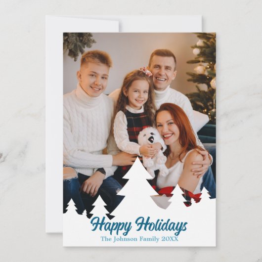 Prettige feestdagen Kerstbomen Familie Foto Blauw Feestdagenkaart (Voorkant)