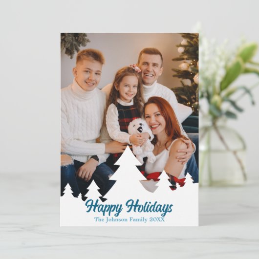 Prettige feestdagen Kerstbomen Familie Foto Blauw Feestdagenkaart (Staand voorkant)