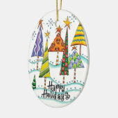 prettige feestdagen! kerstbomen met sterren keramisch ornament (Links)