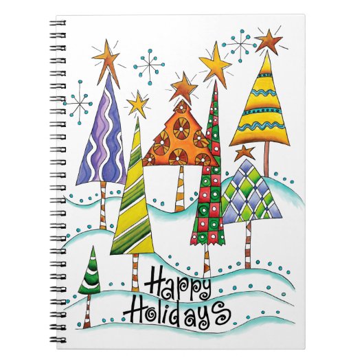 prettige feestdagen! kerstbomen met sterren notitieboek (Voorkant)