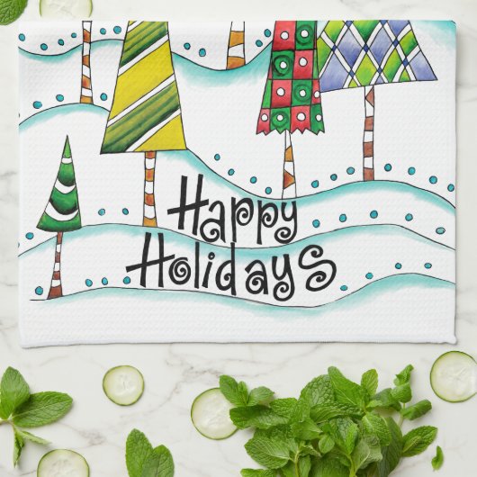 prettige feestdagen! kerstbomen met sterren theedoek (Gevouwen)