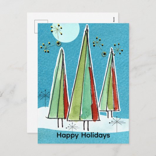 Prettige feestdagen Kerstbomen volle maan sneeuw (Voorkant / Achterkant)