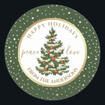 prettige feestdagen. Kerstboom, aangepast Ronde Sticker<br><div class="desc">prettige feestdagen. Elegant Festive kerstboomontwerp met Gold Foil lijst en op maat gesneden Stickers voor kerstfeestdagen met persoonlijke namen en tekst. Overeenkomende kaarten en geschenken die beschikbaar zijn in de kerst | Nieuwjaarscategorie van onze winkel</div>