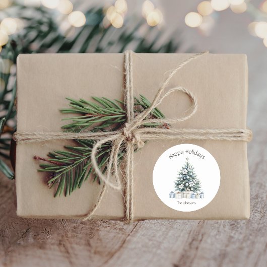 Prettige feestdagen Kerstboom Familienaam Ronde Sticker