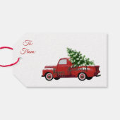prettige feestdagen!  kerstboom met rode vrachtwag cadeaulabel (Achterkant Horizontaal)