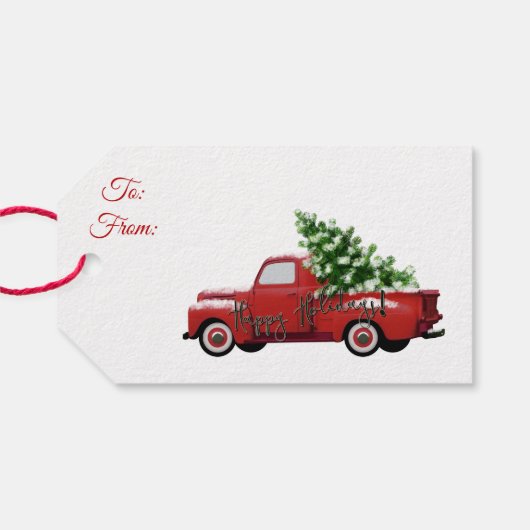 prettige feestdagen!  kerstboom met rode vrachtwag cadeaulabel (Achterkant Horizontaal)