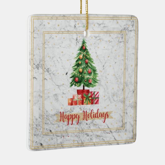 prettige feestdagen kerstboom op marmer keramisch ornament (Rechts)