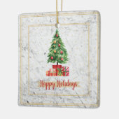 prettige feestdagen kerstboom op marmer keramisch ornament (Links)