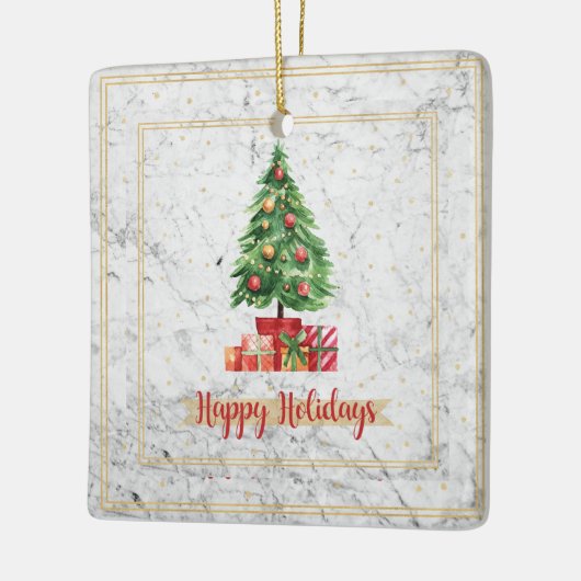 prettige feestdagen kerstboom op marmer keramisch ornament (Links)