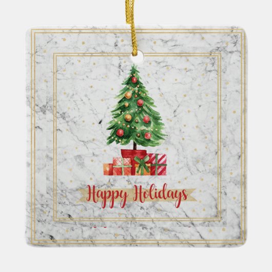 prettige feestdagen kerstboom op marmer keramisch ornament (Voorkant)
