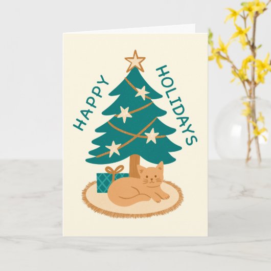 Prettige feestdagen Kerstboom vakantie kat Kaart (Gele Bloem)