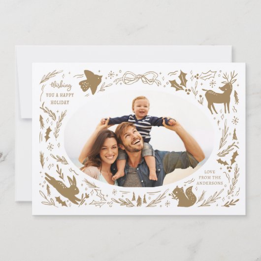 Prettige feestdagen Kerstfoto Woodland Doodle Feestdagenkaart (Voorkant)