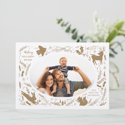 Prettige feestdagen Kerstfoto Woodland Doodle Feestdagenkaart (Staand voorkant)