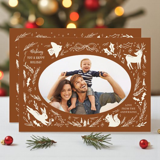 Prettige feestdagen Kerstfoto Woodland Doodle Feestdagenkaart