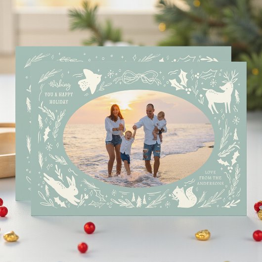 Prettige feestdagen Kerstfoto Woodland Doodle Feestdagenkaart