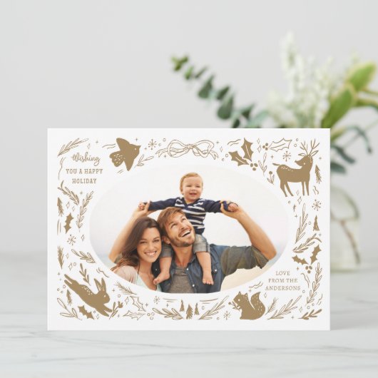 Prettige feestdagen Kerstfoto Woodland Doodle Feestdagenkaart (Staand voorkant)