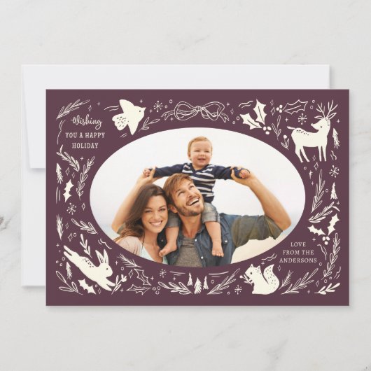 Prettige feestdagen Kerstfoto Woodland Doodle Feestdagenkaart (Voorkant)