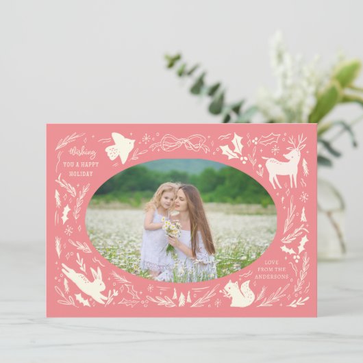Prettige feestdagen Kerstfoto Woodland Doodle Feestdagenkaart (Staand voorkant)
