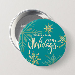 prettige feestdagen kerstgouden sneeuwvlokken groe ronde button 7,6 cm