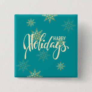 prettige feestdagen kerstgouden sneeuwvlokken groe vierkante button 5,1 cm