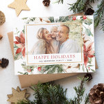prettige feestdagen kerstgroen fotofeestdag feestdagenkaart<br><div class="desc">Rustic Winter Merry-kerstfamilie of visitekaartje met Holiday Floral White Flowers,  Greenery en Red Poinsettia Flowers met een eenvoudige achtergrond.</div>