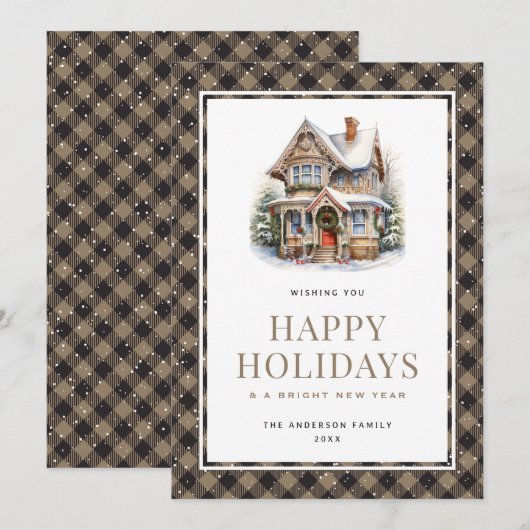 Prettige feestdagen Kersthuis Plaid Snowy Kaart (Voorkant / Achterkant)