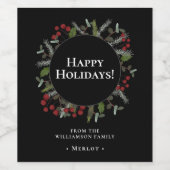 Prettige feestdagen Kerstkrans gepersonaliseerd Wijn Etiket (Enkel label)