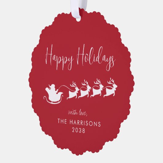 Prettige feestdagen Kerstman Sleigh Foto Rode Kers Ornament Kaart (Links)