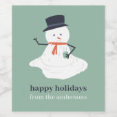 prettige feestdagen kerstmelting Snowman Cute Wijn Etiket (Enkel label)