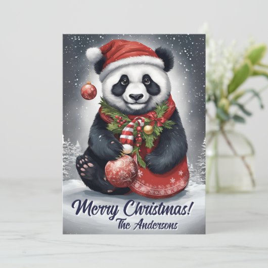 Prettige feestdagen Kerstmis 4 panda, Kaart (Staand voorkant)